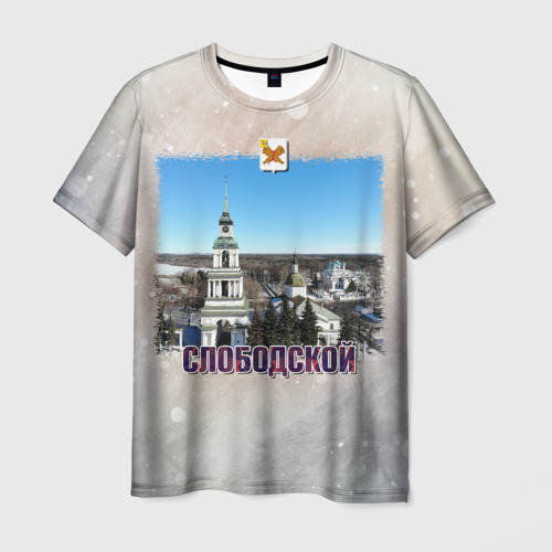 Мужская футболка 3D с принтом Слободской - колокольня и Соборная площадь зимой, вид спереди #2