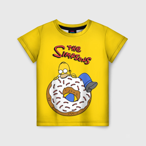 Детская футболка 3D с принтом Гомер Симпсон ест пончик, вид спереди #2