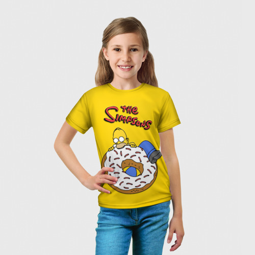 Детская футболка 3D с принтом Гомер Симпсон ест пончик, вид сбоку #3