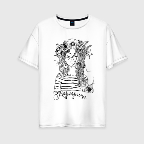 Женская футболка из хлопка оверсайз с принтом Маргарита в венке из летних цветов, вид спереди №1