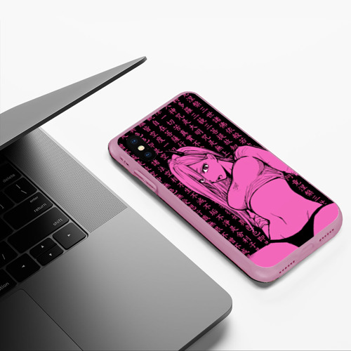 Чехол для iPhone XS Max матовый Человек - бензопила Пауэр в топике, цвет розовый - фото 5