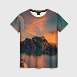Женская футболка 3D Скалы и оранжевая ночь