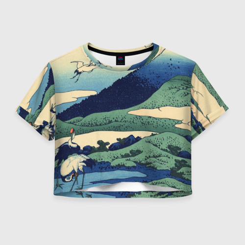 Женская футболка Crop-top с принтом Журавли — японский художник Хокусай Фудзи, вид спереди №1