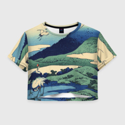 Журавли - японский художник Хокусай Фудзи – Женская футболка Crop-top 3D с принтом купить