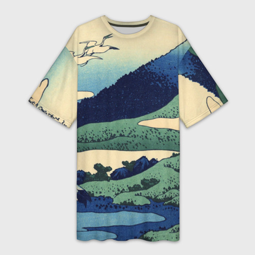 Платье-футболка с принтом Журавли — японский художник Хокусай Фудзи, вид спереди №1