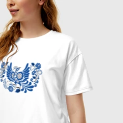 Женская футболка хлопок Oversize Синяя птица в орнаменте гжель - фото 2