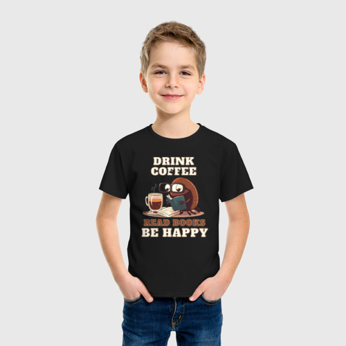 Детская футболка хлопок Drink Coffee, Read Books, Be Happy, цвет черный - фото 3