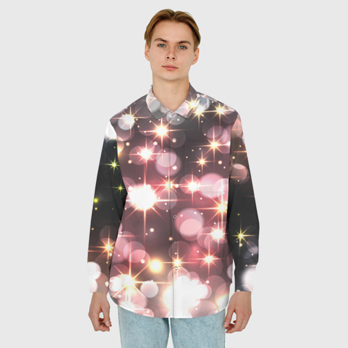 Мужская рубашка oversize 3D с принтом Сияние розовых и золотых блесток на черном фоне, фото на моделе #1
