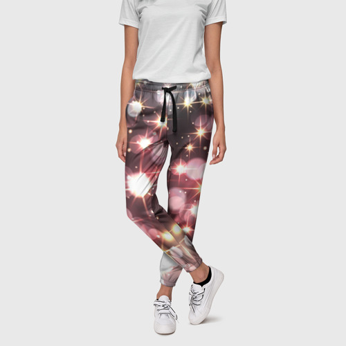 Женские брюки 3D с принтом Сияние розовых и золотых блесток на черном фоне, фото на моделе #1
