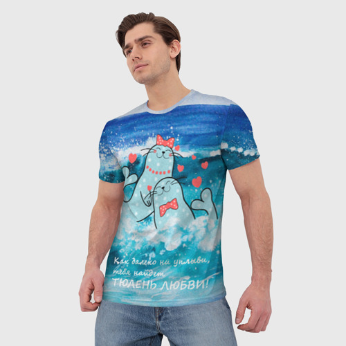 Мужская футболка 3D Тюлени любви в море, цвет 3D печать - фото 3