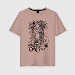 Женская футболка хлопок Oversize Оксана в венке из летних цветов