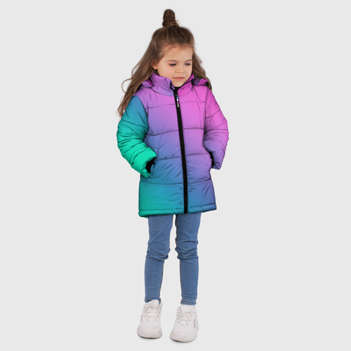 Зимняя куртка для девочек 3D с принтом Розовый с бирюзовым и синим градиент, вид сбоку #3