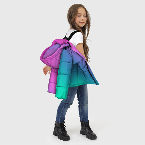 Зимняя куртка для девочек 3D с принтом Розовый с бирюзовым и синим градиент, фото #4