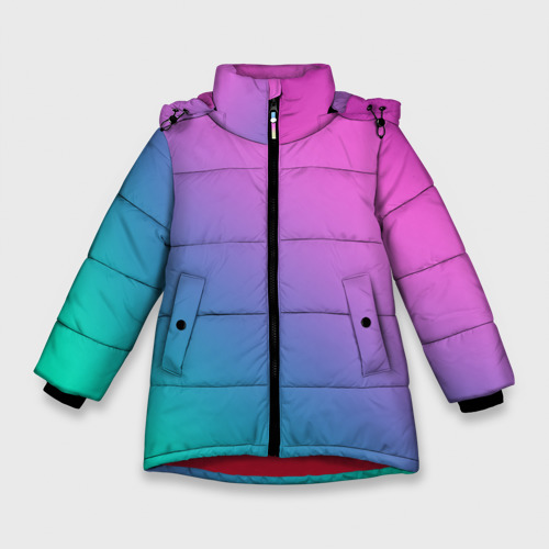 Зимняя куртка для девочек 3D с принтом Розовый с бирюзовым и синим градиент, вид спереди #2