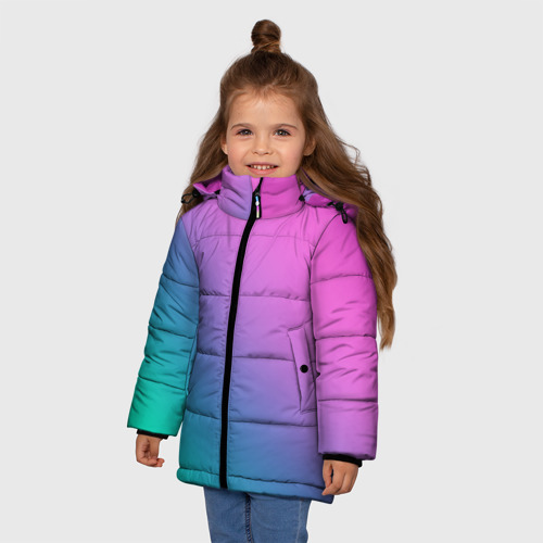 Зимняя куртка для девочек 3D с принтом Розовый с бирюзовым и синим градиент, фото на моделе #1