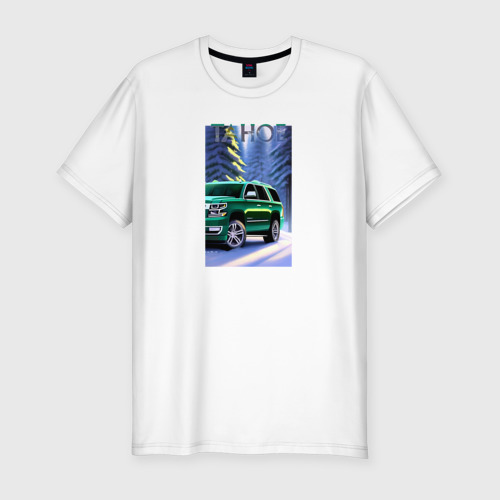 Мужская футболка хлопок Slim с принтом Tahoe на зимней дороге, вид спереди #2