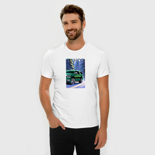 Мужская футболка хлопок Slim с принтом Tahoe на зимней дороге, фото на моделе #1