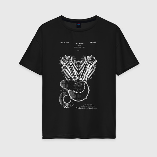 Женская футболка хлопок Oversize Патент на двигатель мотоцикла, цвет черный