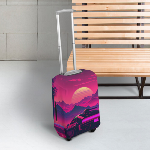 Чехол для чемодана 3D Синтвейв закат с автомобилем, цвет 3D печать - фото 3