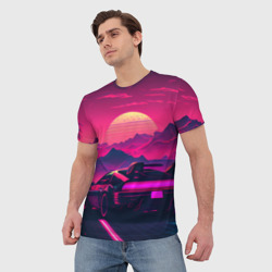 Мужская футболка 3D Синтвейв закат с автомобилем - фото 2