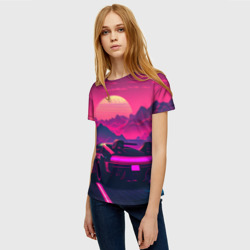 Женская футболка 3D Синтвейв закат с автомобилем - фото 2