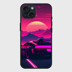 Чехол силиконовый для Apple iPhone 15 матовый Синтвейв закат с автомобилем