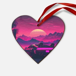 Деревянная игрушка Сердце Синтвейв закат с автомобилем