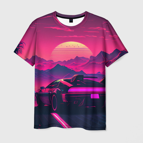 Мужская футболка 3D Синтвейв закат с автомобилем, цвет 3D печать