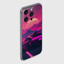 Чехол для iPhone 15 Pro Max силиконовый с защитой камеры Синтвейв закат с автомобилем - фото 2