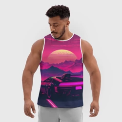Мужская спортивная майка 3D Синтвейв закат с автомобилем - фото 2