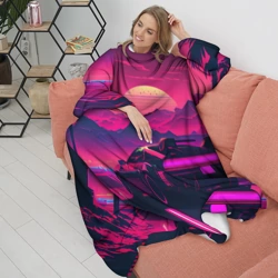 Плед с рукавами Синтвейв закат с автомобилем - фото 2