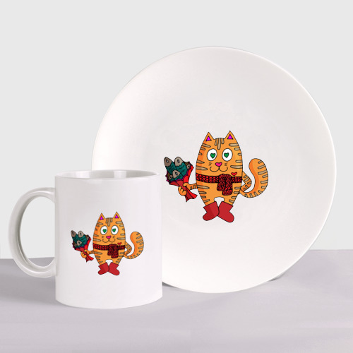 Набор: тарелка + кружка с принтом Влюбленный рыжий кот с рыбным букетом, вид спереди №1