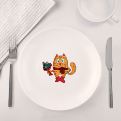 Набор: тарелка кружка с принтом Влюбленный рыжий кот с рыбным букетом для любого человека, вид спереди №4. Цвет основы: белый