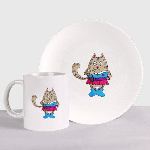 Набор: тарелка + кружка с принтом Влюбленная серая кошка с мышкой, вид спереди №1
