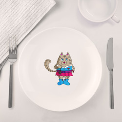 Набор: тарелка кружка с принтом Влюбленная серая кошка с мышкой для любого человека, вид спереди №4. Цвет основы: белый