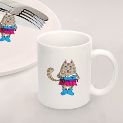 Набор: тарелка кружка с принтом Влюбленная серая кошка с мышкой для любого человека, вид спереди №2. Цвет основы: белый