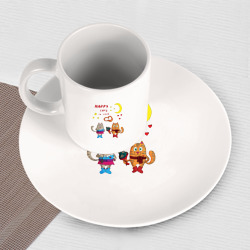 Набор: тарелка кружка с принтом Влюбленные коты с подарками для любого человека, вид спереди №3. Цвет основы: белый