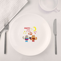 Набор: тарелка кружка с принтом Влюбленные коты с подарками для любого человека, вид спереди №4. Цвет основы: белый