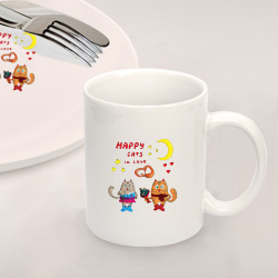 Набор: тарелка кружка с принтом Влюбленные коты с подарками для любого человека, вид спереди №2. Цвет основы: белый
