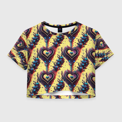 Женская футболка Crop-top с принтом Паттерн яркие сердца, вид спереди №1