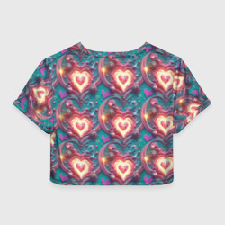 Топик (короткая футболка или блузка, не доходящая до середины живота) с принтом Паттерн пылающие сердца для женщины, вид сзади №1. Цвет основы: белый