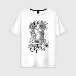 Женская футболка хлопок Oversize София в венке из летних цветов