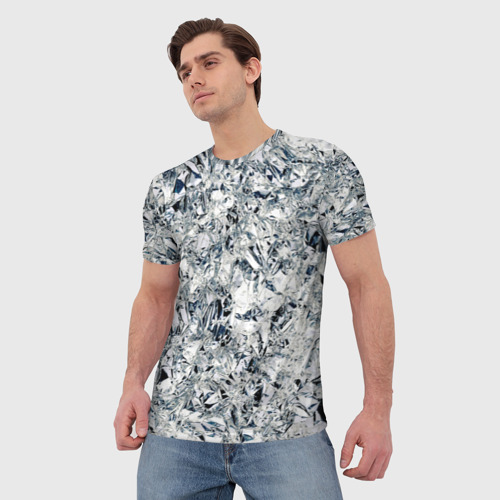 Мужская футболка 3D с принтом Сверкающие кристаллы серебра, фото на моделе #1