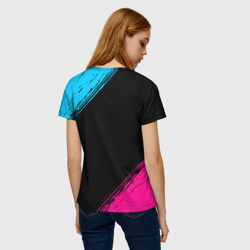 Женская футболка 3D с принтом Менеджер за работой - неоновый градиент, вид сзади #2
