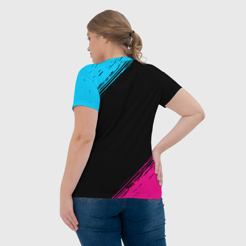 Женская футболка 3D с принтом Менеджер за работой - неоновый градиент, вид сзади #2