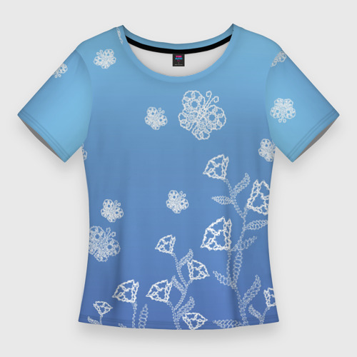Женская футболка 3D Slim Кружевные бабочки синеватый градиент, цвет 3D печать