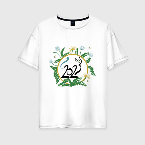 Женская футболка хлопок Oversize с принтом Кошка 2023 в одуванчиках, вид спереди #2