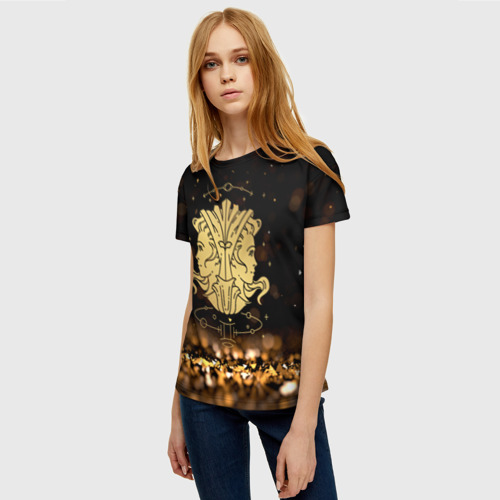 Женская футболка 3D с принтом Золотой знак зодиака близнецы, фото на моделе #1