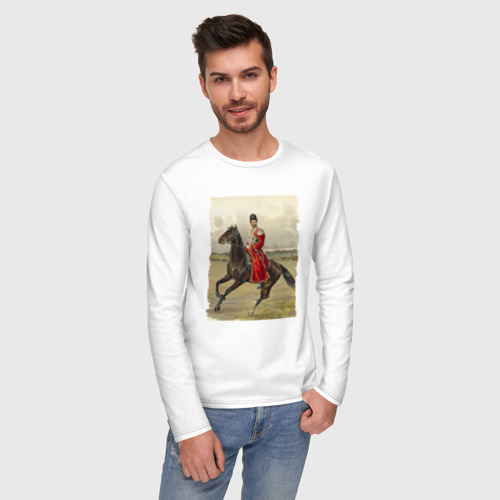 Мужской лонгслив хлопок с принтом Николай II на коне, фото на моделе #1