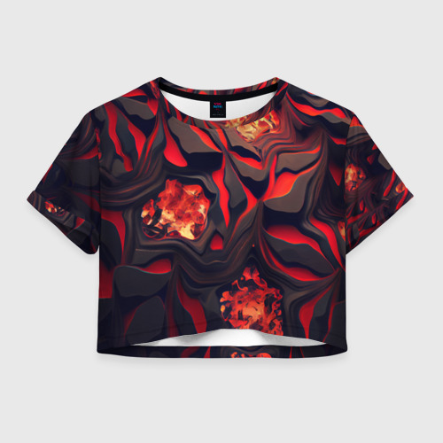 Женская футболка Crop-top с принтом Застывающая лава черная с красным, вид спереди №1